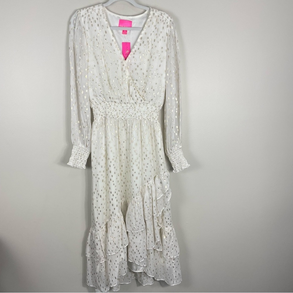 Lilly Pulitzer Cristiana Midi Dress Womens 8 Metallic Coconut Print Gold Ruffle - Picture 12 of 13